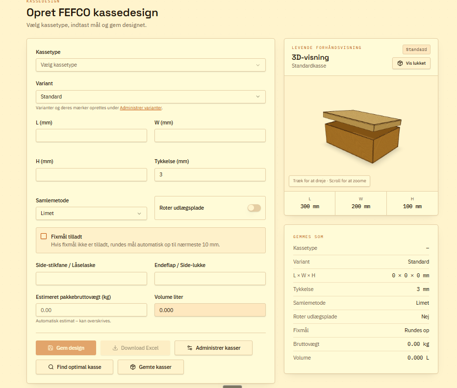 Opret FEFCO kassedesign
